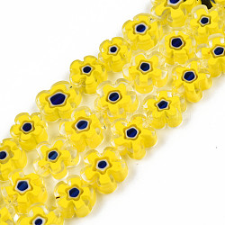 Handmade Millefiori Glass Bead Strands, Plum Bossom, Yellow, 9.5~12x9.5~12.5x4~4.5mm, Hole: 1.5mm, about 39pcs/strand, 15.94 inch~16.14 inch(40.5~41cm)(LAMP-N029-017D-22)