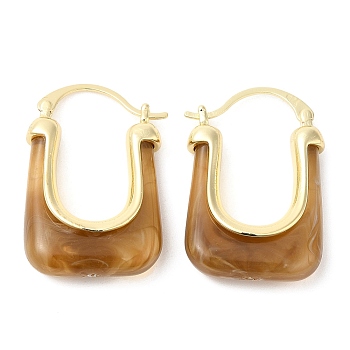 Real 16K Gold Plated Brass Hoop Earrings, Resin Imitation Gemstone Earrings for Women, Peru, 34x23x9mm