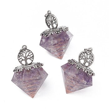 Natural Amethyst Pendants, Faceted Diamond Charms, with Rack Plating Antique Silver Tone Alloy Tree of Life, Cadmium Free & Lead Free, 41.5x29.5x29.5mm, Hole: 4mm