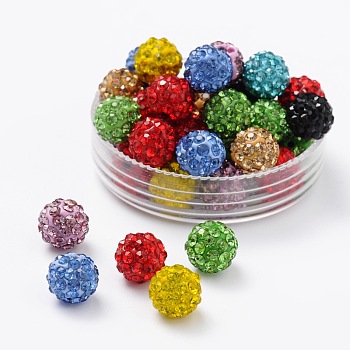 Polymer Clay Rhinestone Beads, Pave Disco Ball Beads, Grade A, Round, Half Drilled, Mixed Color, 8mm, Hole: 1mm