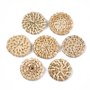 Handmade Reed Cane/Rattan Woven Beads, For Making Straw Earrings and Necklaces, No Hole/Undrilled, Flat Round, BurlyWood, 30~35x5~7mm