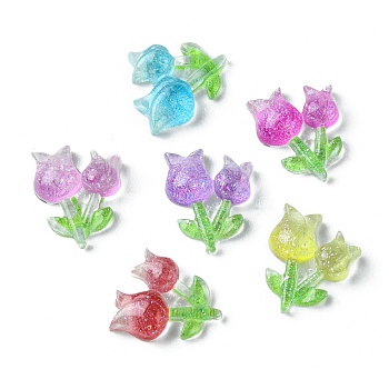 Translucent Resin Cabochons, Glitter Flower, Mixed Color, 11x9x3.5mm