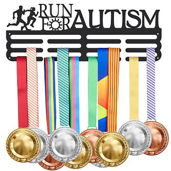 Fashion Iron Medal Hanger Holder Display Wall Rack, 3 Line, with Screws, Word Run For Autism, Sports Themed Pattern, 150x400mm