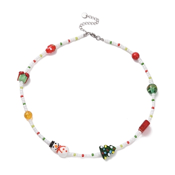 Natural Quartz Crystal & Dyed Mashan Jade & Lampwork Beaded Necklace, Gift Box & Tree & Snowman Christmas Necklace for Women, Colorful, 16.30 inch(41.4cm)