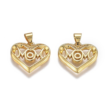 Brass Micro Pave Clear Cubic Zirconia Pendants, with Snap on Bails, for Mother's Day, Long-Lasting Plated, Heart with Word Mom, Real 18K Gold Plated, 16.5x18x2mm, Hole: 5mm