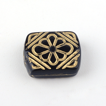 Rectangle with Flower Plating Acrylic Beads, Golden Metal Enlaced, Black, 12x10x5mm, Hole: 1.5mm, about 1016pcs/500g