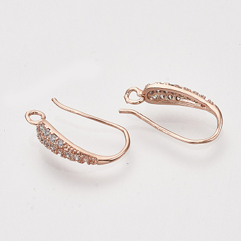Brass Micro Pave Cubic Zirconia Earring Hooks, with Horizontal Loop, Nickel Free, Clear, Real Rose Gold Plated, 19~20x10~11x4mm, Hole: 2mm, 21 Gauge, Pin: 0.7mm