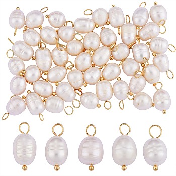 Natural Cultured Freshwater Pearl Pendants, with Real 18K Gold Plated Brass Loops, Rice, Old Lace, 16.5~17mm, Hole: 3mm, about 50pcs/box