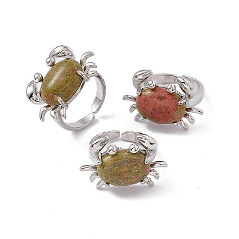 Natural Unakite Crab Open Cuff Ring, Platinum Brass Jewelry for Women, Cadmium Free & Lead Free, US Size 7 1/4(17.5mm)