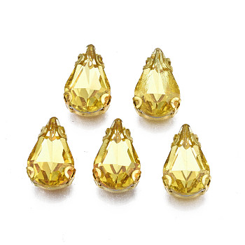 Sew on Rhinestone, Transparent Glass Rhinestones, with Iron Prong Settings, Faceted, Teardrop, Citrine, 12.5x8x5.5mm, Hole: 1mm