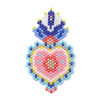 Handmade Seed Beads, Loom Pattern, Sacred Heart Big Pendant, Pink, 52x30x2mm, Hole: 0.8mm