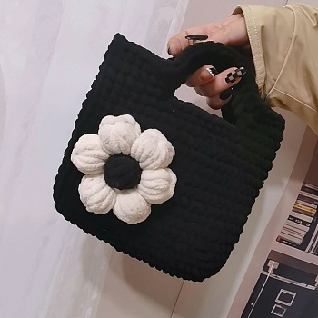 DIY Flower Pattern Handbag Knitting Beginner Kits, including Polyester Chunky Yarn, Fiberfill, Crochet Needle, Instruction, Black, 170x150mm