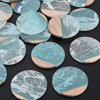 Transparent Resin & Walnut Wood Pendants, Two Tone, Flat Round, Pale Turquoise, 38.5x3.5mm, Hole: 2mm