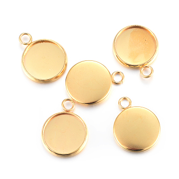 Rack Plating 304 Stainless Steel Pendant Cabochon Settings, Plain Edge Bezel Cups, Flat Round, Real 24K Gold Plated, Tray: 12mm, 17.5x14x2mm, Hole: 2.2mm