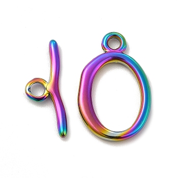 Ion Plating(IP) 304 Stainless Steel Toggle Clasps, Oval, Rainbow Color, Oval: 21.5x14x2mm, Hole: 2mm, 13.5x9mm inner diameter, Bar: 19x7x2mm, hole: 2.5mm