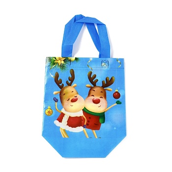 Christmas Theme Laminated Non-Woven Waterproof Bags, Heavy Duty Storage Reusable Shopping Bags, Rectangle with Handles, Dodger Blue, Deer Pattern, 21.5x11x21.2cm