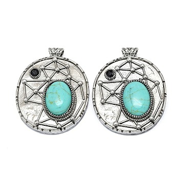 Synthetic Turquoise Oval Pendants, Rack Plating Antique Silver Plated Brass Pave Rhinestone Oval Charms, Cadmium Free & Lead Free, 45x35x8mm, Hole: 3.5mm