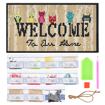 CREATCABIN 1Set DIY Wall Decor Sign Diamond Painting Kits, Rectangle Wood Board & Owl with WELCOME, with Acrylic Rhinestone, Pen, Tray Plate, Glue Clay and Hemp Rope, Colorful, 1Set