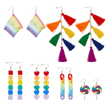 6 Pair 6 Style Rainbow Color Pride Heart Acrylic & Polymer Clay Lollipop & Polyester Tassel Dangle Earrings, Platinum Iron Jewelry for Woman, Mixed Color, 67.5~162mm, 1 Pair/style