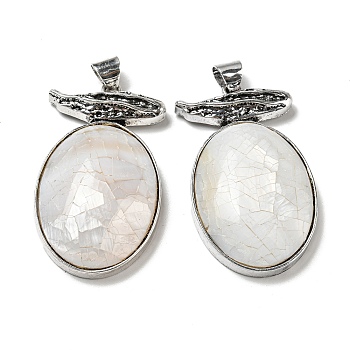 Natural Freshwater Shell Big Pendants, Antique Silver Plated Alloy Oval Charms, White, 57x32x11.5mm, Hole: 7.5x6.5mm