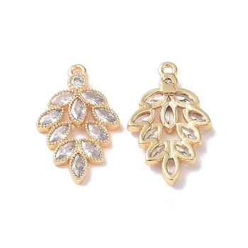 Brass Micro Pave Cubic Zirconia Pendants, Leaf, Real 18K Gold Plated, 20x12x2.5mm, Hole: 1mm