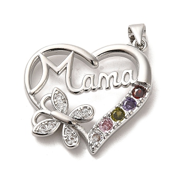 Mother's Day Brass Micro Pave Cubic Zirconia Pendants, Heart with Word Mama, Platinum, 25x26x4mm, Hole: 5x3.5mm