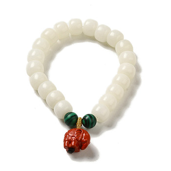 Round Natural White Jade Stretch Bracelets, with Elephan Cinnabar and Synthetic Malachite
 , Inner Diameter: 5.5cm