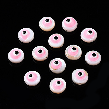 Natural Freshwater Shell Beads, with Enamel, Flat Round with Evil Eye, Pink, 6x3~4mm, Hole: 0.8mm