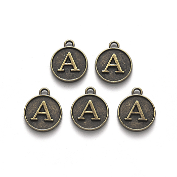 Alloy Pendant Cabochon Settings, For Enamel, Cadmium Free & Lead Free, Flat Round with Letter, Antique Bronze, Letter.A, 14x12x2mm, Hole: 1.5mm