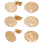6Pcs 3 Styles Ion Plating(IP) 304 Stainless Steel Ear Stud Findings, with Ear Nuts/Earring Backs and Hole, Textured Flat Round with Spot Lines, Golden, 10mm, Hole: 1.2mm, Pin: 0.8mm, 2pcs/style(STAS-LP0001-50)