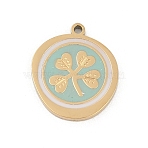 304 Stainless Steel Enamel Pendants, Flat Round with Clover Charm, Ion Plating(IP), Real 18K Gold Plated, 16x14x1.5mm, Hole: 1.2mm(STAS-I325-101G)