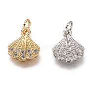 Brass Micro Pave Clear Cubic Zirconia Charms, Long-Lasting Plated, with Jump Ring, Shell Shape, Mixed Color, 12x10x2mm, Jump Ring: 5x1mm, 3mm Inner Diameter(ZIRC-C020-49)