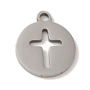 201 Stainless Steel Charms, Laser Cut, Flat Round with Cross Charm, Stainless Steel Color, 14x11.8x1mm, Hole: 1.6mm(STAS-E217-07P)