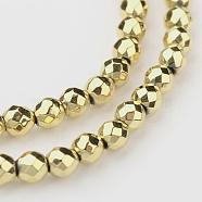 Eco-Friendly Long-Lasting Plated Non-magnetic Synthetic Hematite Smooth Beads Strands, Faceted Round, Golden Plated, 3mm, Hole: 1mm, about 135pcs/strand, 15.5 inch(G-I175-34-3mm-G)