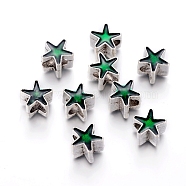 Tibetan Style Alloy European Beads, Large Hole Beads, with Enamel, Star, Antique Silver, Green, 11x11x8mm, Hole: 5mm(MPDL-G021-01AS)