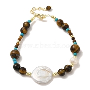 Natural Pearl & Tiger Eye & Synthetic Turquoise Beaded Bracelets, with Brass Clasps, Real 14K Gold Plated, 7 inch(17.7cm)(BJEW-C051-11G)