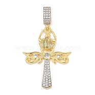 Brass Micro Pave Clear Cubic Zirconia Egyptian Ankh Cross Beetle European Dangle Charms, Large Hole Pendants, Rack Plating, Cadmium Free & Lead Free, Lasting Plated, Real 18K Gold Plated, 43.5mm, Hole: 7x5mm(KK-U058-47G)