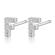 Rhodium Plated 925 Sterling Silver Initial Letter Stud Earrings, with Cubic Zirconia, Platinum, Letter F, 5x5mm(HI8885-06)