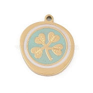 304 Stainless Steel Enamel Pendants, Flat Round with Clover Charm, Ion Plating(IP), Real 18K Gold Plated, 16x14x1.5mm, Hole: 1.2mm(STAS-I325-101G)