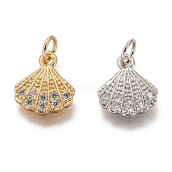 Brass Micro Pave Clear Cubic Zirconia Charms, Long-Lasting Plated, with Jump Ring, Shell Shape, Mixed Color, 12x10x2mm, Jump Ring: 5x1mm, 3mm Inner Diameter(ZIRC-C020-49)