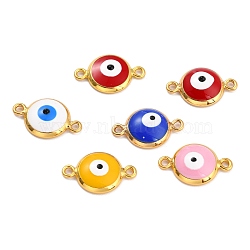 Golden Plated Brass Enamel Links Connectors, Long-Lasting Plated, Flat Round with Evil Eye, Mixed Color, 16x10x3.5mm, Hole: 1.5mm(KK-P197-01A-G)