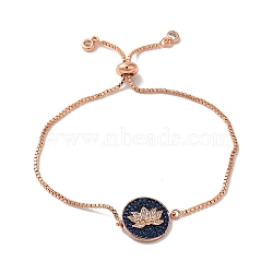 Rack Plating Brass Micro Pave Clear & Dark Blue Cubic Zirconia Box Chain Lotus Flower Link Slider Bracelets, Cadmium Free & Lead Free, Long-Lasting Plated, Rose Gold, 9-1/8 inch(23cm)(BJEW-G716-01RG)