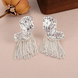 Butterfly Wing Brass Tassel Stud Earrings for Women, with Curb Chain Charm, Left and Right, Platinum & Silver, 36.5x16.5mm(EJEW-U055-16PS)