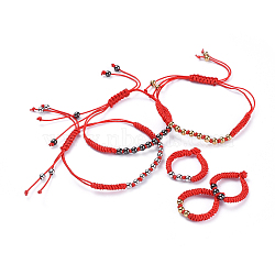 Adjustable Nylon Cord Braided Bead Bracelets and Rings Sets, with Brass Beads, Cadmium Free & Lead Free, Mixed Color, 1-1/8 inch~3 inch(2.8~7.7cm), Size 10, 19.5mm(SJEW-JS01029)