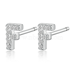 Anti-Tarnish Rhodium Plated 925 Sterling Silver Initial Letter Stud Earrings, with Cubic Zirconia, Platinum, Letter F, 5x5mm(HI8885-06)