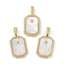 Rack Plating Brass Micro Pave Cubic Zirconia Pendants, with Shell, Long-Lasting Plated, Lead Free & Cadmium Free, Real 18K Gold Plated, Sheild with Twelve Constellations, Gemini, 20.5x10x2.5mm, Hole: 4.5x2mm(KK-U032-90G-01)