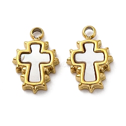 304 Stainless Steel Pave Natural White Shell Cross Charms, PVD Vacuum Plating, Real 18K Gold Plated, 10x6x1.5mm, Hole: 1mm(STAS-S163-26G)