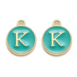 Golden Plated Alloy Enamel Charms, Enamelled Sequins, Flat Round with Alphabet, Letter.K, Green, 14x12x2mm, Hole: 1.5mm(ENAM-Q437-15K)