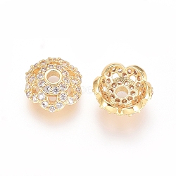 Brass Micro Pave Cubic Zirconia Bead Cap, 6-Petal, Flower, Clear, Golden, 8x3mm, Hole: 1.5mm(ZIRC-E163-25A-G)