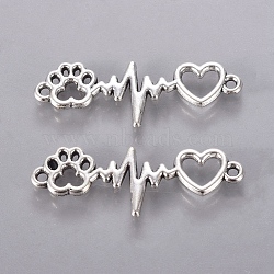 Tibetan Style Alloy Links connectors, Dog Paw Prints and Heartbeat, Antique Silver, 12x34x2mm, Hole: 1.5mm(PALLOY-CJC0001-16)